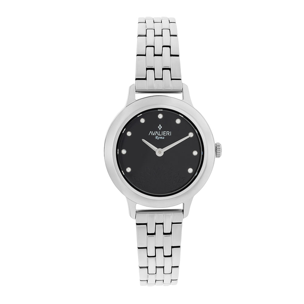 Avaleri Women's Quartz Watch with Black and Silver Dial and Sand Texture - AV-2642B+BR