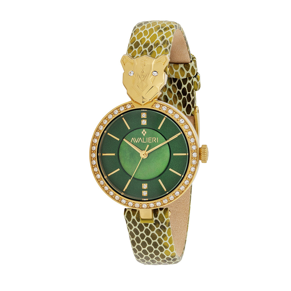 ساعة أفاليري النسائية بحركة كوارتز وبلوحة مينا محفورة بالأخضر - AV-2677B