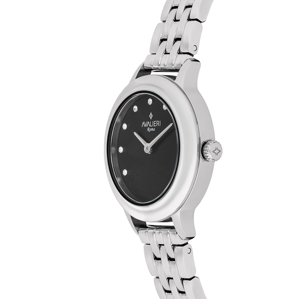 Avaleri Women's Quartz Watch with Black and Silver Dial and Sand Texture - AV-2642B+BR