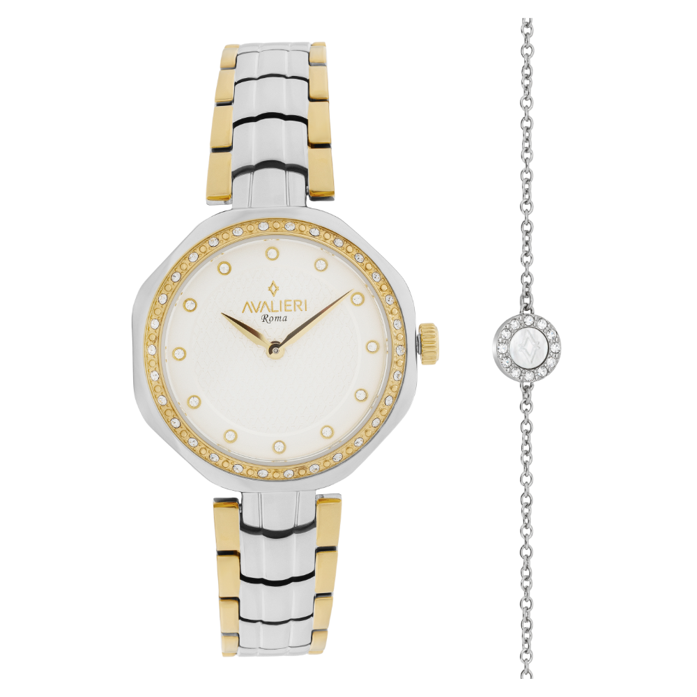 ساعة أفاليري النسائية بحركة كوارتز ولون مينا أبيض فضي بملمس رملي - AV-2654B+BR