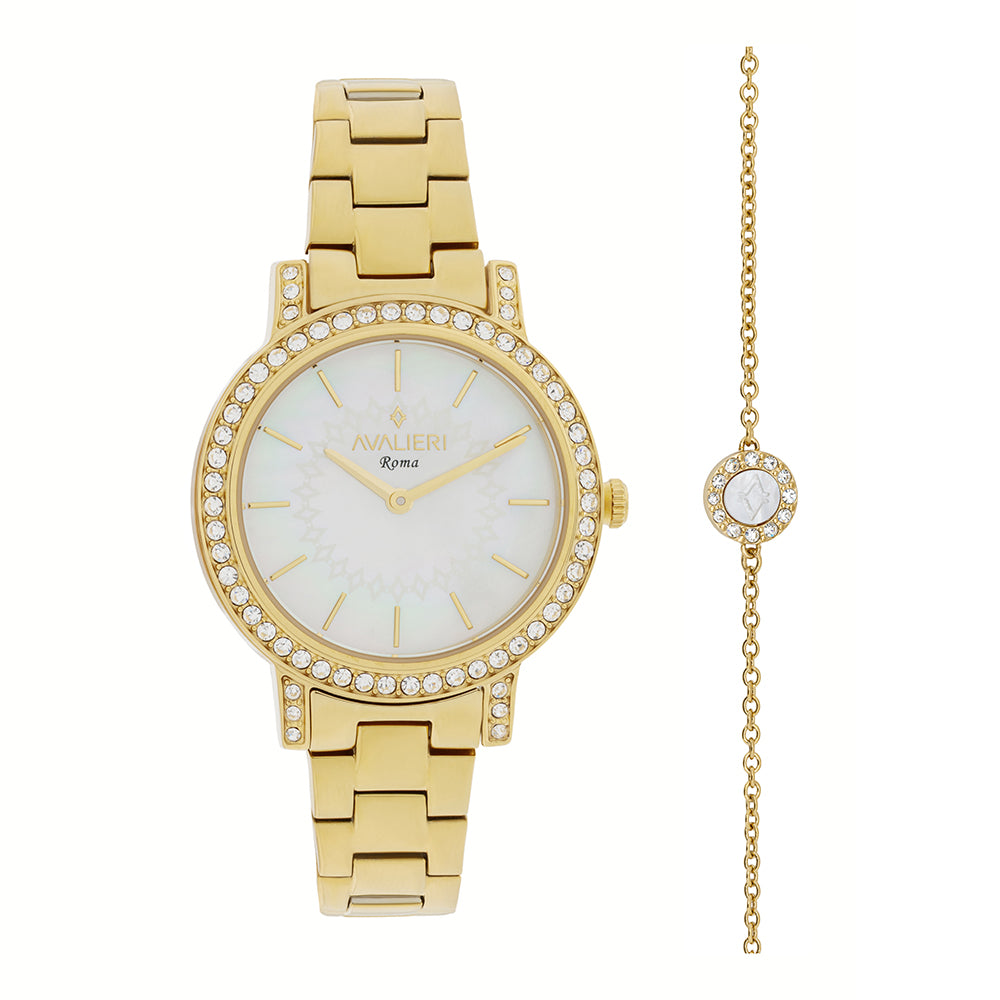ساعة أفاليري النسائية بحركة كوارتز ولون مينا أبيض لؤلؤي - AV-2655B+BR