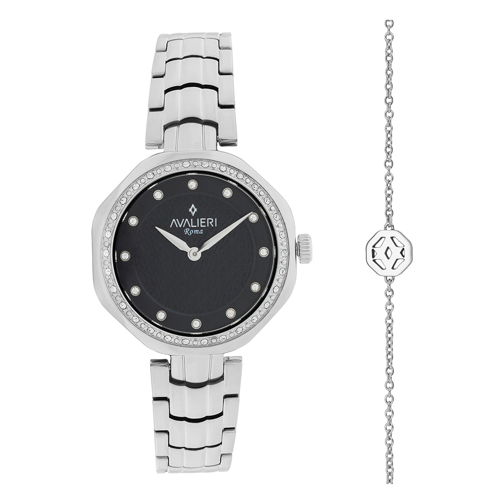 ساعة أفاليري النسائية بحركة كوارتز ولون مينا أسود بملمس رملي - AV-2652B+BR