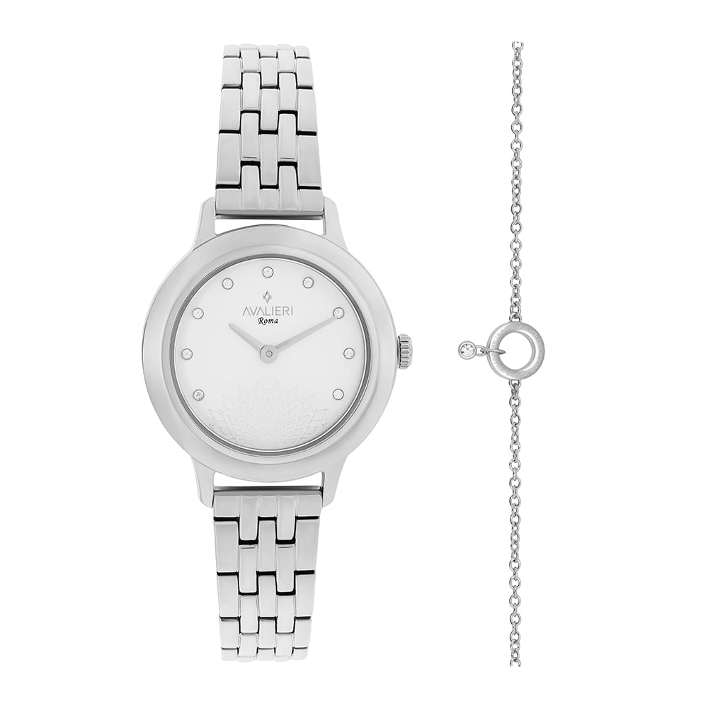 ساعة أفاليري النسائية بحركة كوارتز ولون مينا أبيض فضي بملمس رملي - AV-2641B+BR