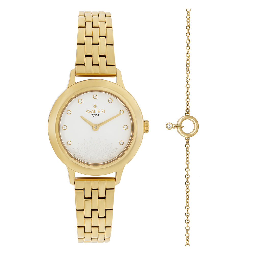 ساعة أفاليري النسائية بحركة كوارتز ولون مينا أبيض فضي بملمس رملي - AV-2645B+BR