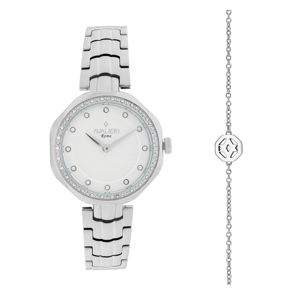 ساعة أفاليري النسائية بحركة كوارتز ولون مينا أبيض فضي بملمس رملي - AV-2651B+BR