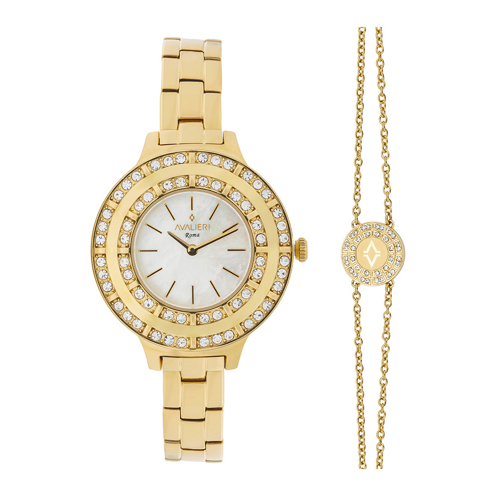 ساعة أفاليري النسائية بحركة كوارتز ولون مينا أبيض لؤلؤي - AV-2638B+BR