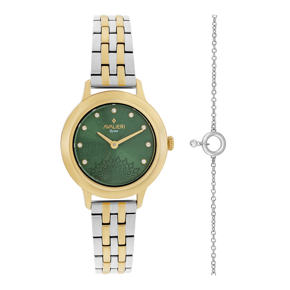 ساعة أفاليري النسائية بحركة كوارتز ولون مينا أخضر لامع - AV-2643B+BR