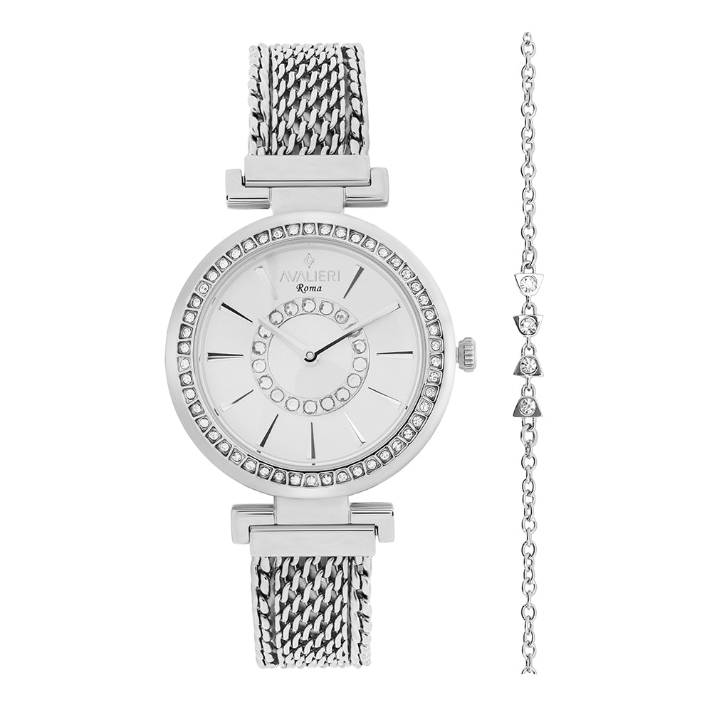 ساعة أفاليري النسائية بحركة كوارتز ولون مينا أبيض فضي بملمس رملي - AV-2659B+BR