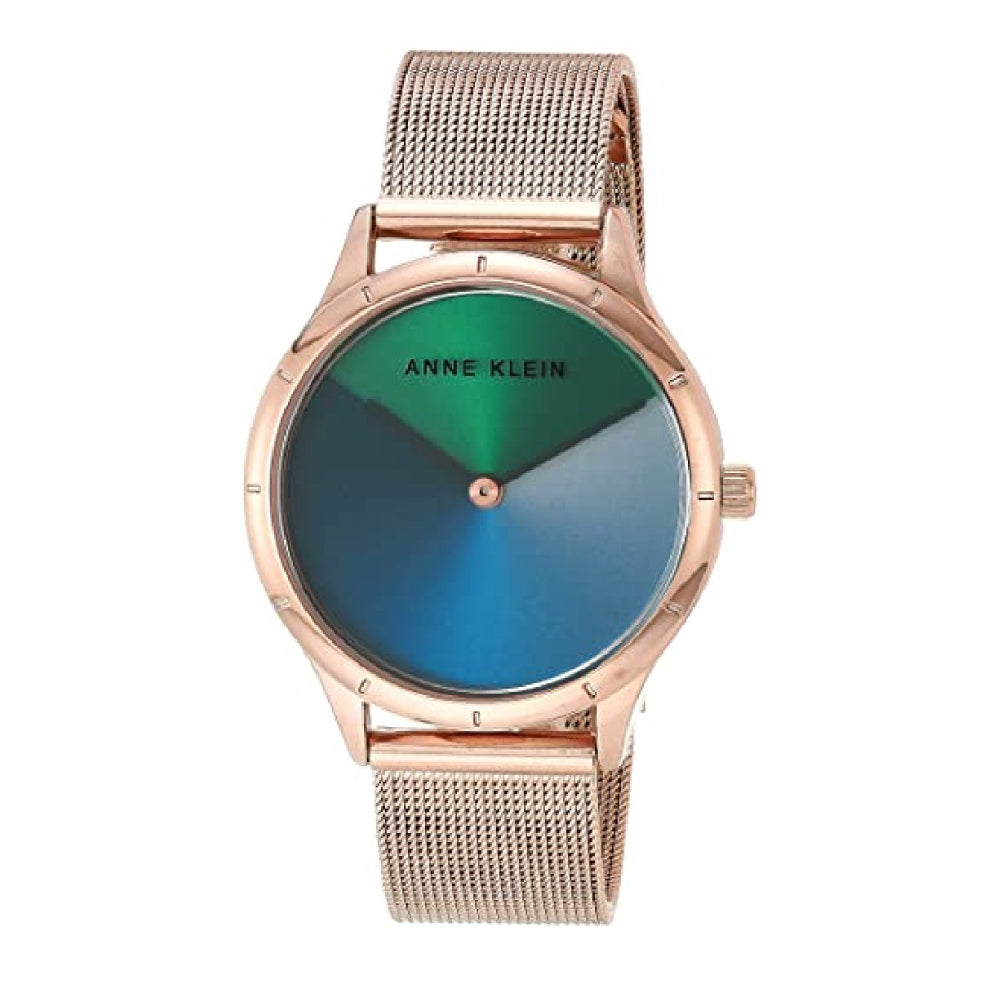 ساعة آن كلاين النسائية بحركة كوارتز ولون مينا أزرق مع أخضر - AK-0200