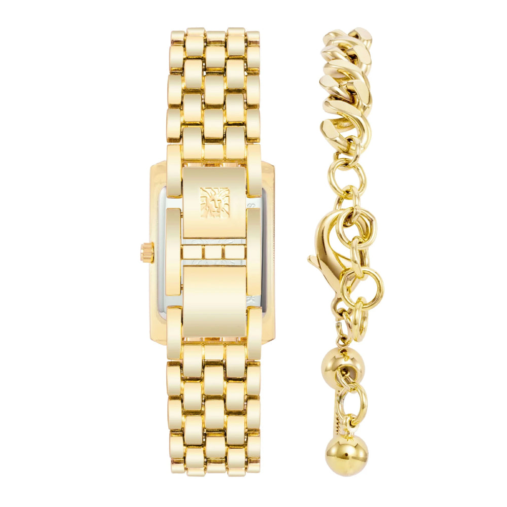 طقم آن كلاين النسائي بحركة كوارتز ولون مينا ذهبي مع إسوارة - AK-0301+BR