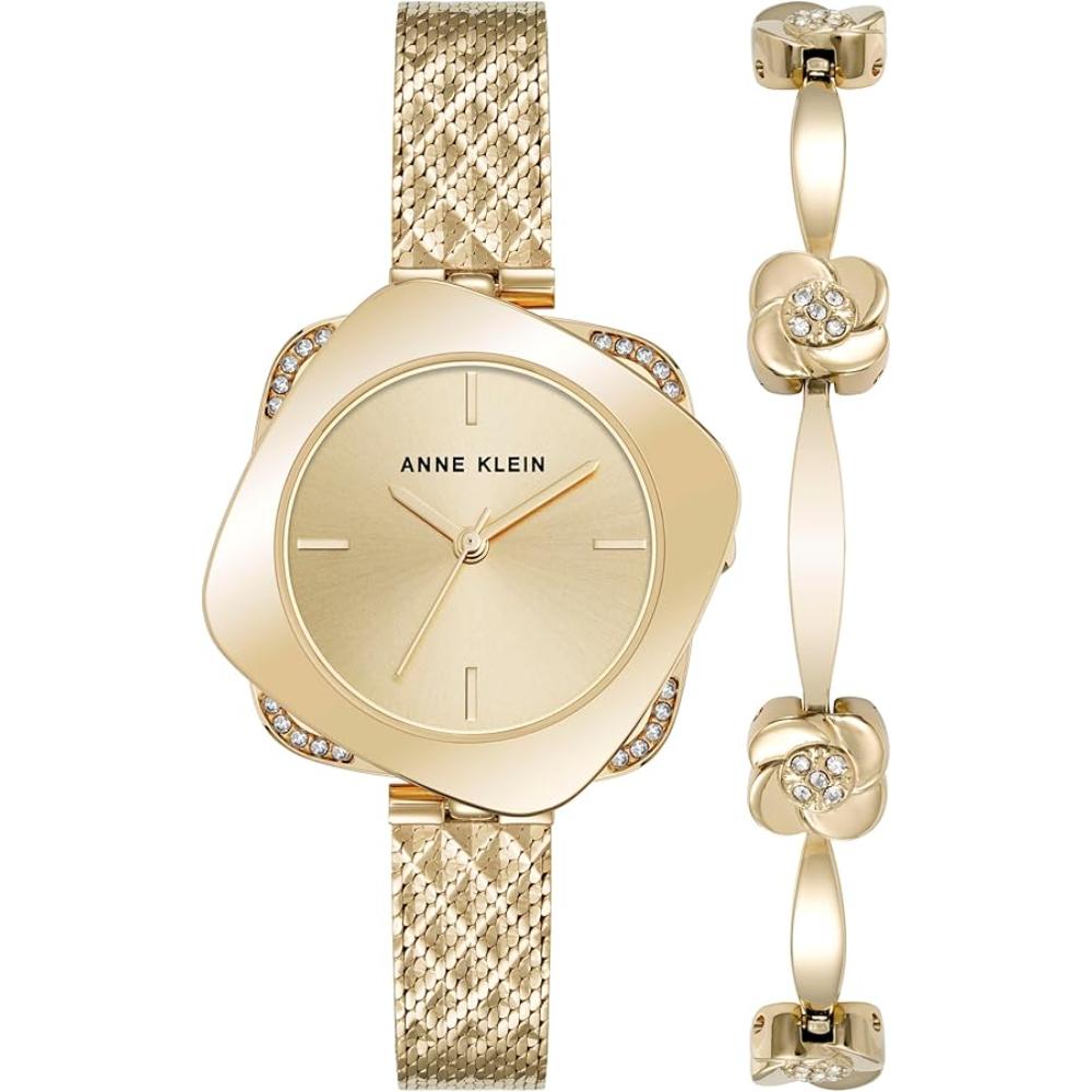 ساعة آن كلاين نسائية بحركة كوارتز وميناء شمبانيا فاتح بنقشة أشعة الشمس – AK-0334