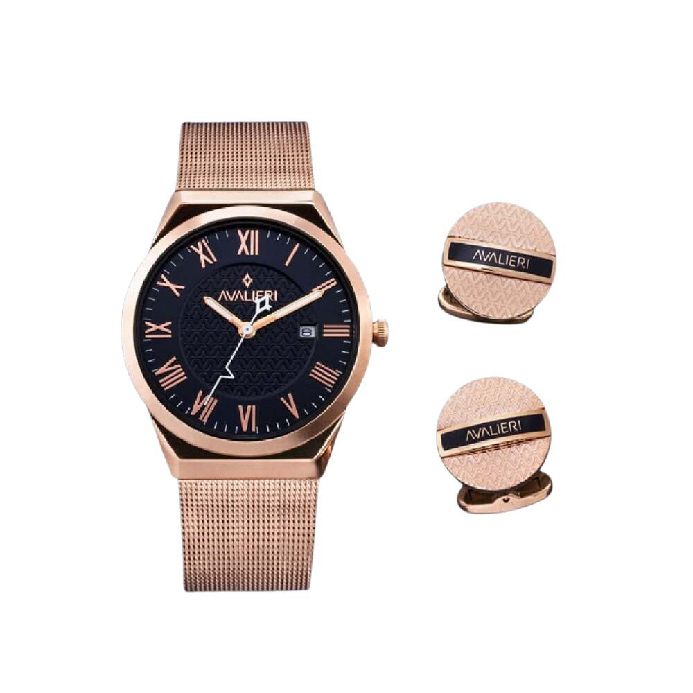 طقم أفاليري الرجالي بحركة كوارتز ولون مينا أزرق مع كبك - AV-2434B+CUFL
