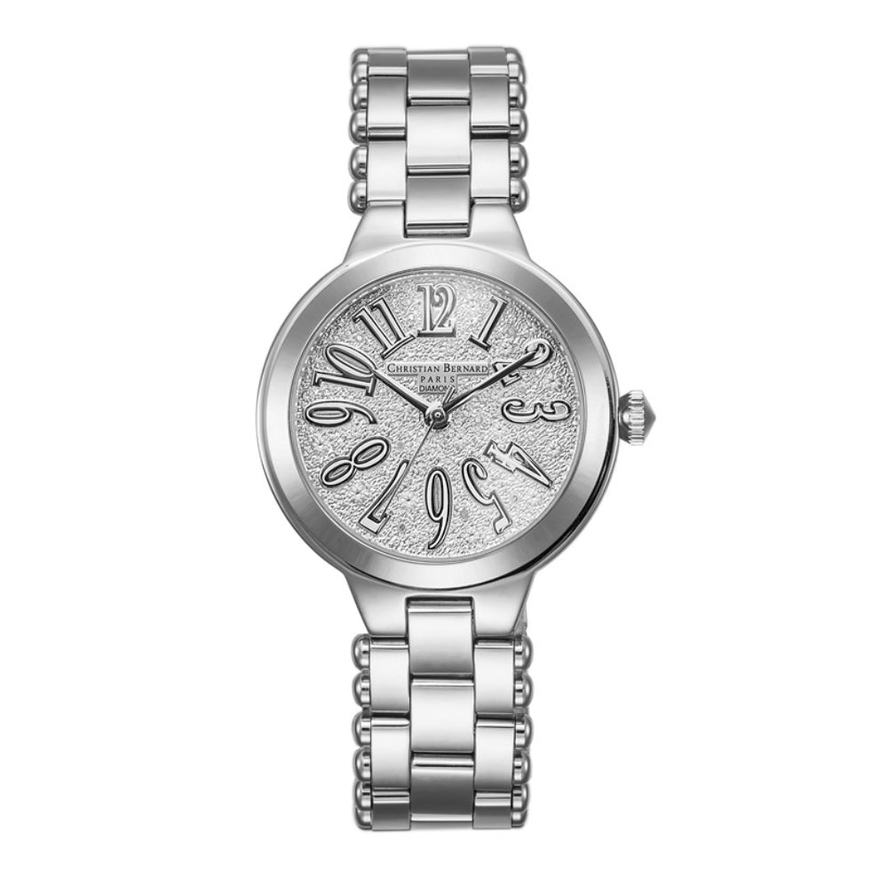 ساعة كريستيان برنارد النسائية بحركة كوارتز ولون مينا فضي - CB-0100(11/D 0.03CT)