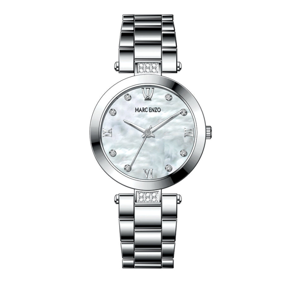 ساعة مارك انزو النسائية بحركة كوارتز ولون مينا أبيض لؤلؤي - MAR-0072