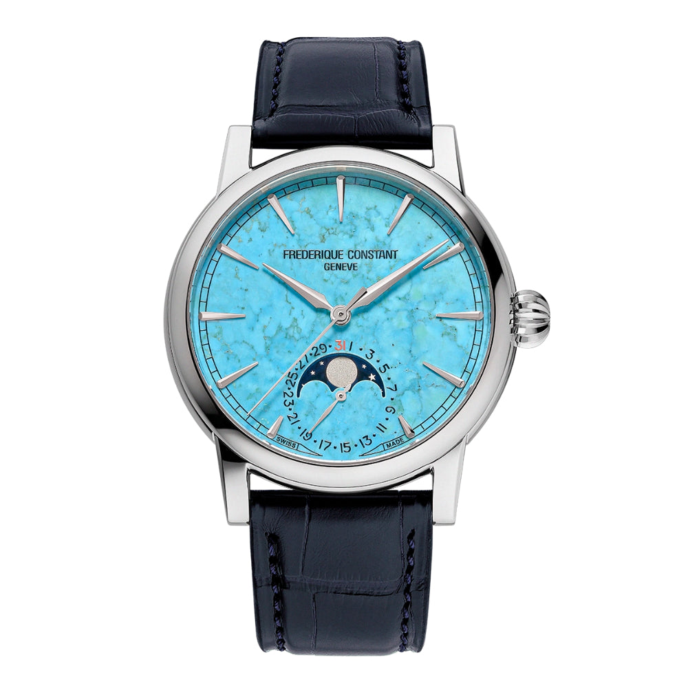 ساعة فريدريك كونستانت مانوفاكتشر كلاسيك مون فيز مع التاريخ أوتوماتيكية للرجال بمينا أزرق — FC-0309+LTD