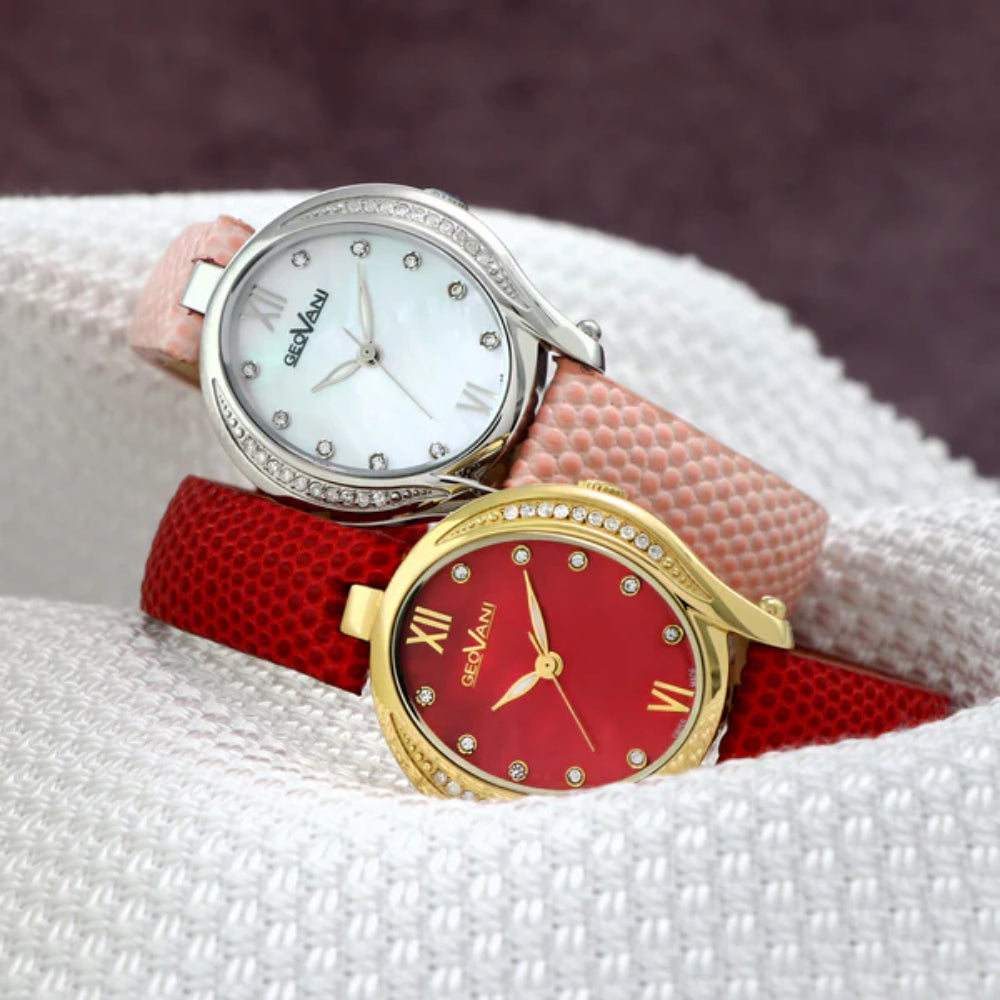 ساعة جيوفاني النسائية السويسرية بحركة كوارتز ولون مينا أحمر لؤلؤي - GEO-0020