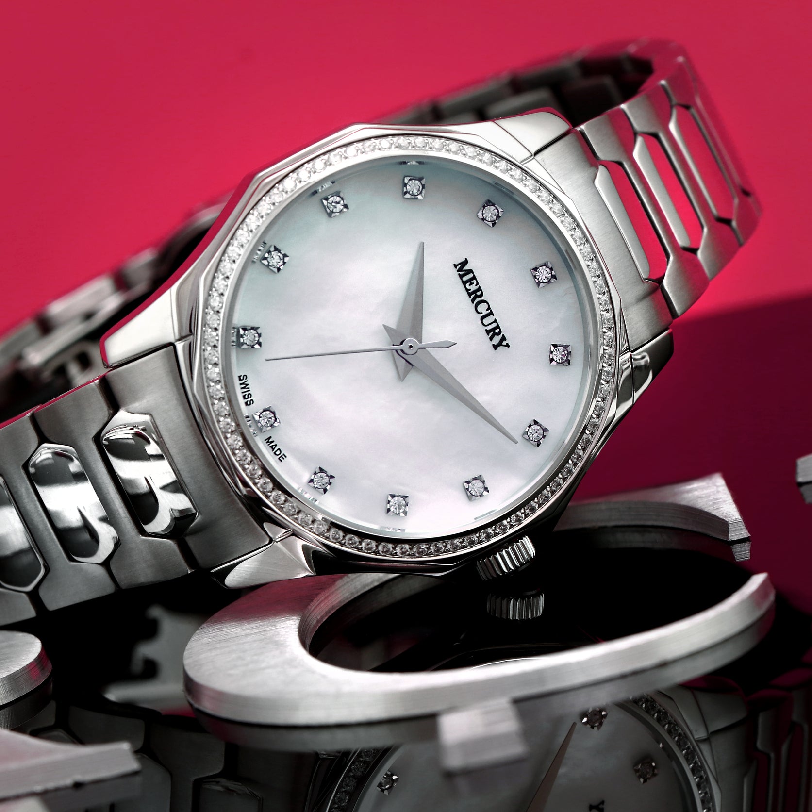 ساعة ميركوري النسائية السويسرية بحركة كوارتز ولون مينا أبيض لؤلؤي - MER-0021