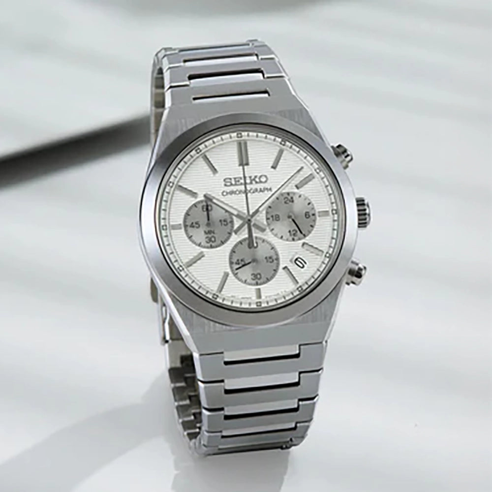 ساعة سيكو كرونوغراف كوارتز للرجال ميناء باللون الابيض SEIKO-0054