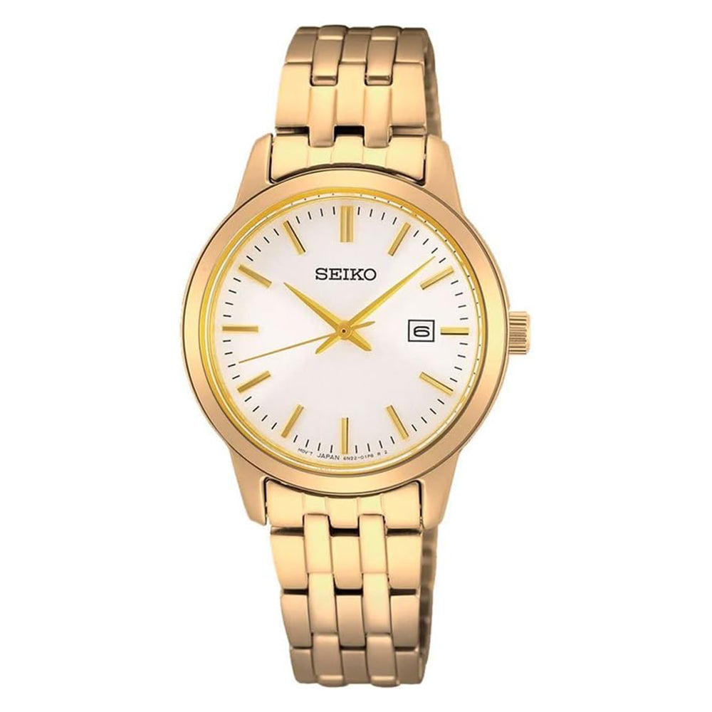 ساعة سيكو كلاسيك كوارتز للسيدات بميناء أبيض ولمسة ذهبية صفراء SEIKO-0060