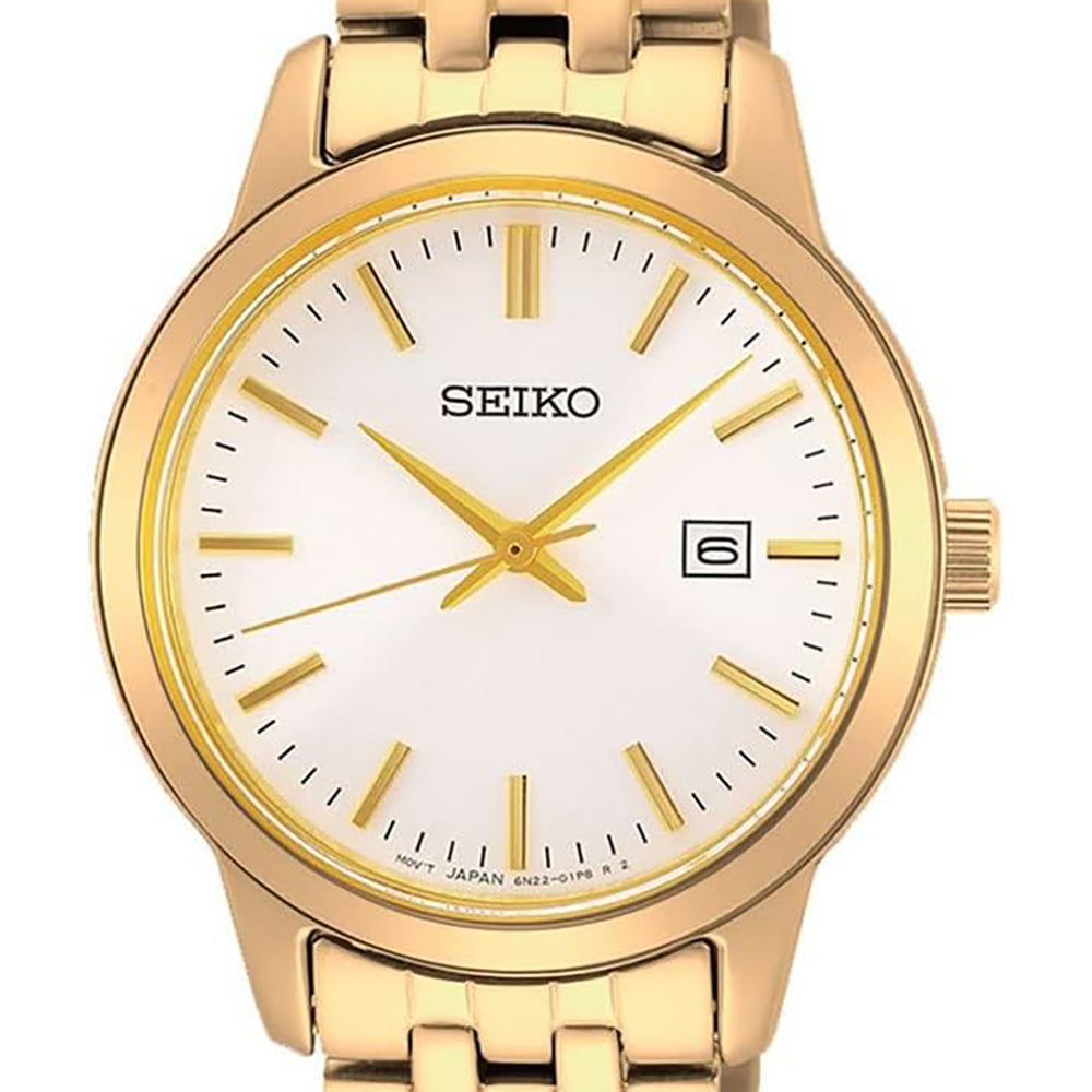 ساعة سيكو كلاسيك كوارتز للسيدات بميناء أبيض ولمسة ذهبية صفراء SEIKO-0060