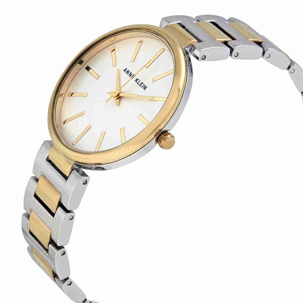 ساعة آن كلاين نسائية كوارتز بمينا فضية وذهبية – AK-0069