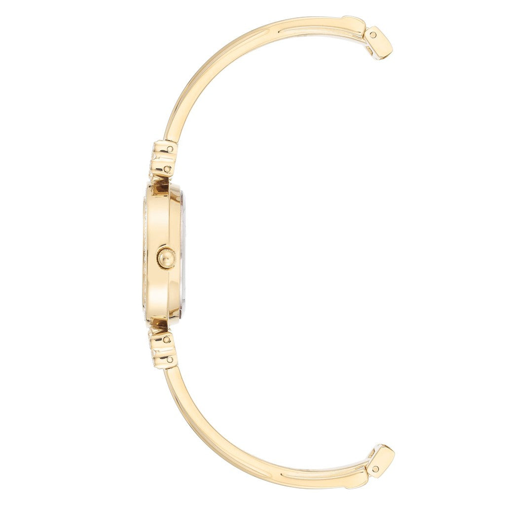 طقم آن كلاين النسائي بحركة كوارتز ولون مينا أبيض لؤلؤي مع أساور - AK-0084+BRACELET SET 2PCS