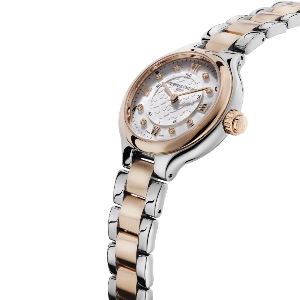 ساعة فريدريك كونستانت النسائية بحركة كوارتز ولون مينا أبيض - FC-0091(8/D 0.04CT)