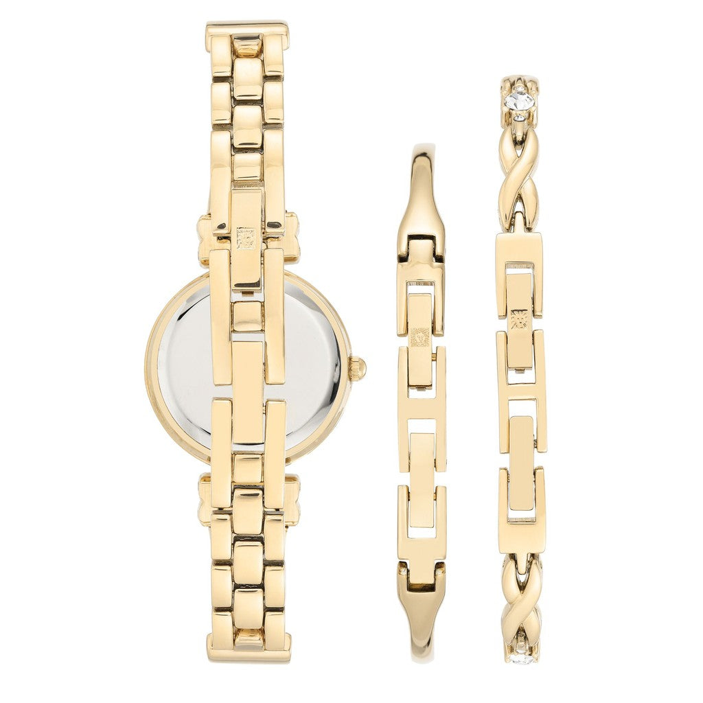 طقم آن كلاين النسائي بحركة كوارتز ولون مينا أبيض لؤلؤي مع أساور - AK-0084+BRACELET SET 2PCS