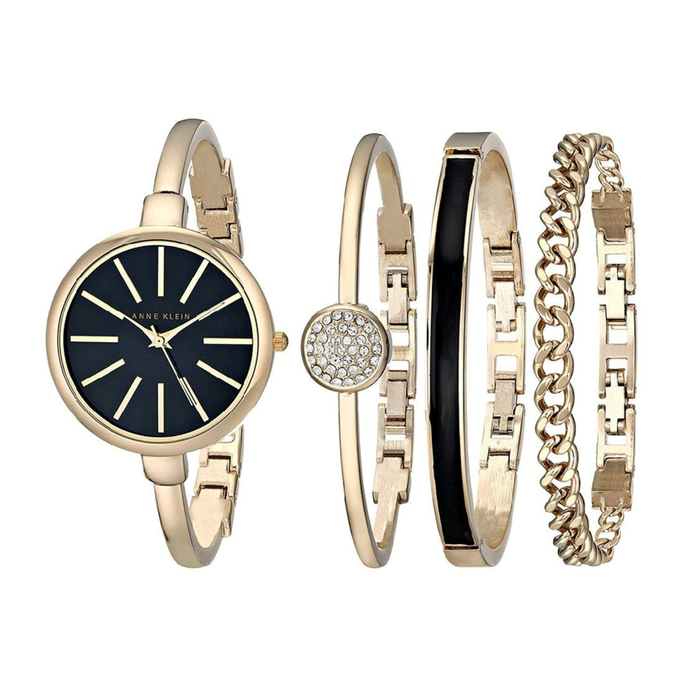 طقم آن كلاين النسائي بحركة كوارتز ولون مينا أسود مع أساور - AK-0001+BRACELET SET 3PCS