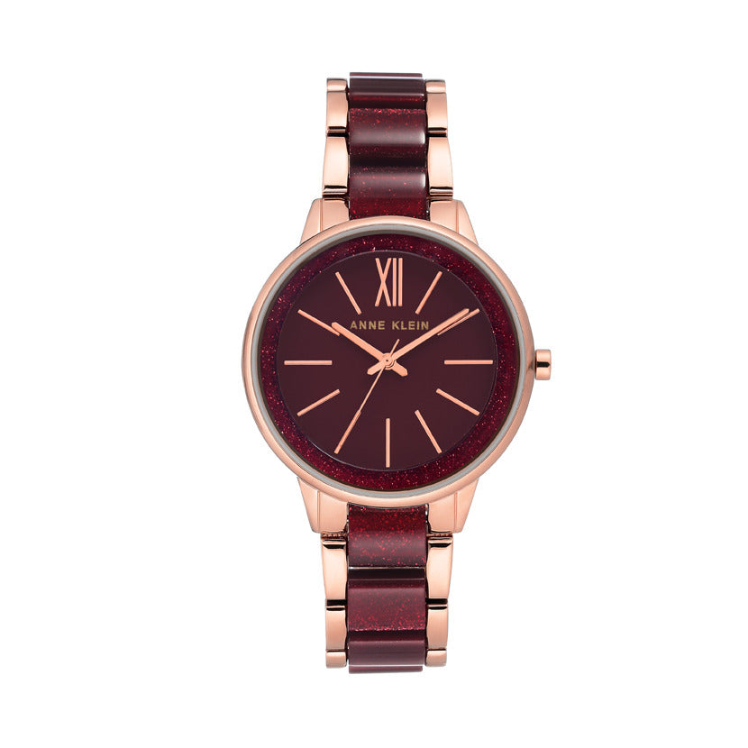 ساعة آن كلاين النسائية بحركة كوارتز ولون مينا بورجوندي - AK-0141