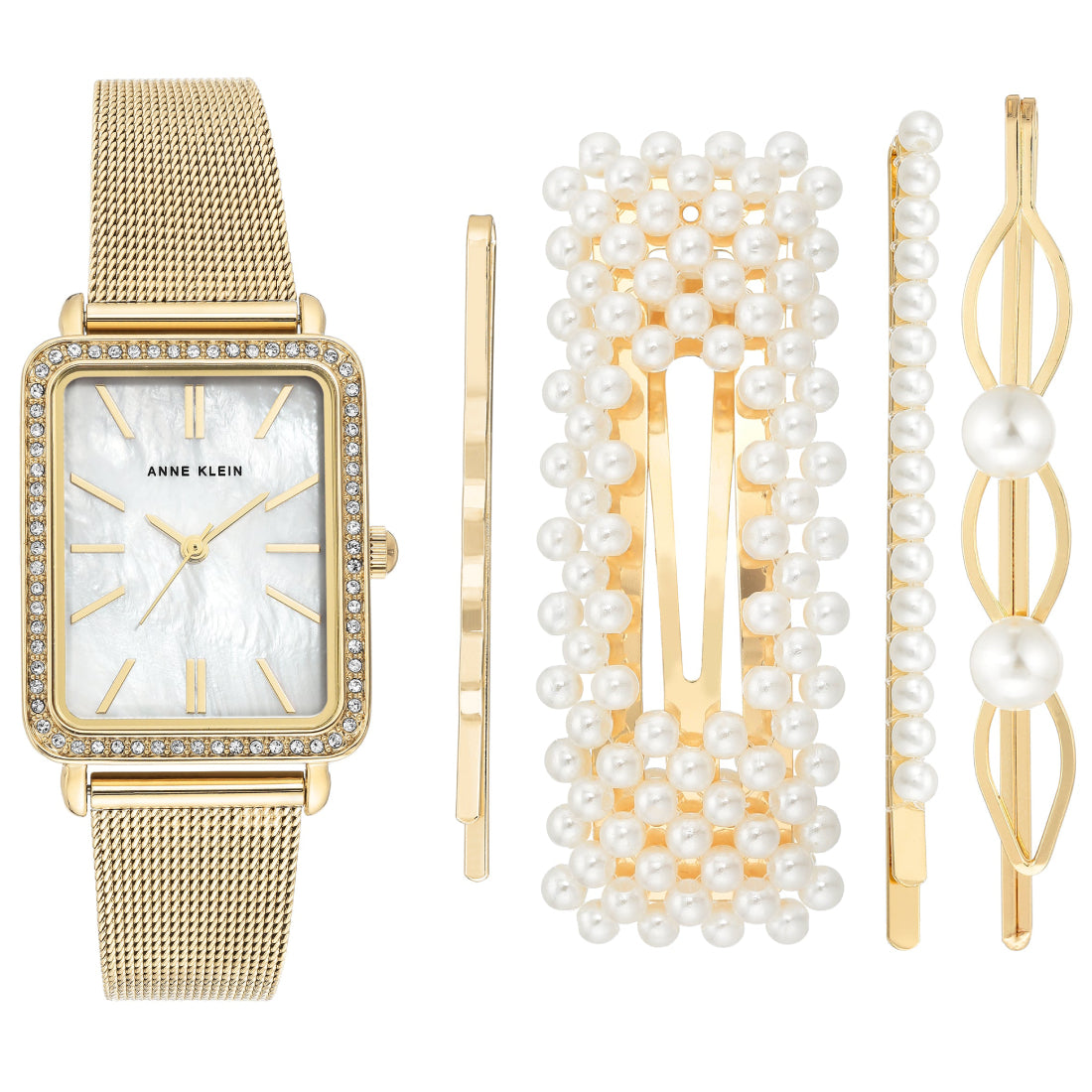 طقم آن كلاين النسائي بحركة كوارتز ولون مينا أبيض لؤلؤي مع مشابك شعر - AK-0176+HAIR PIN 4PCS