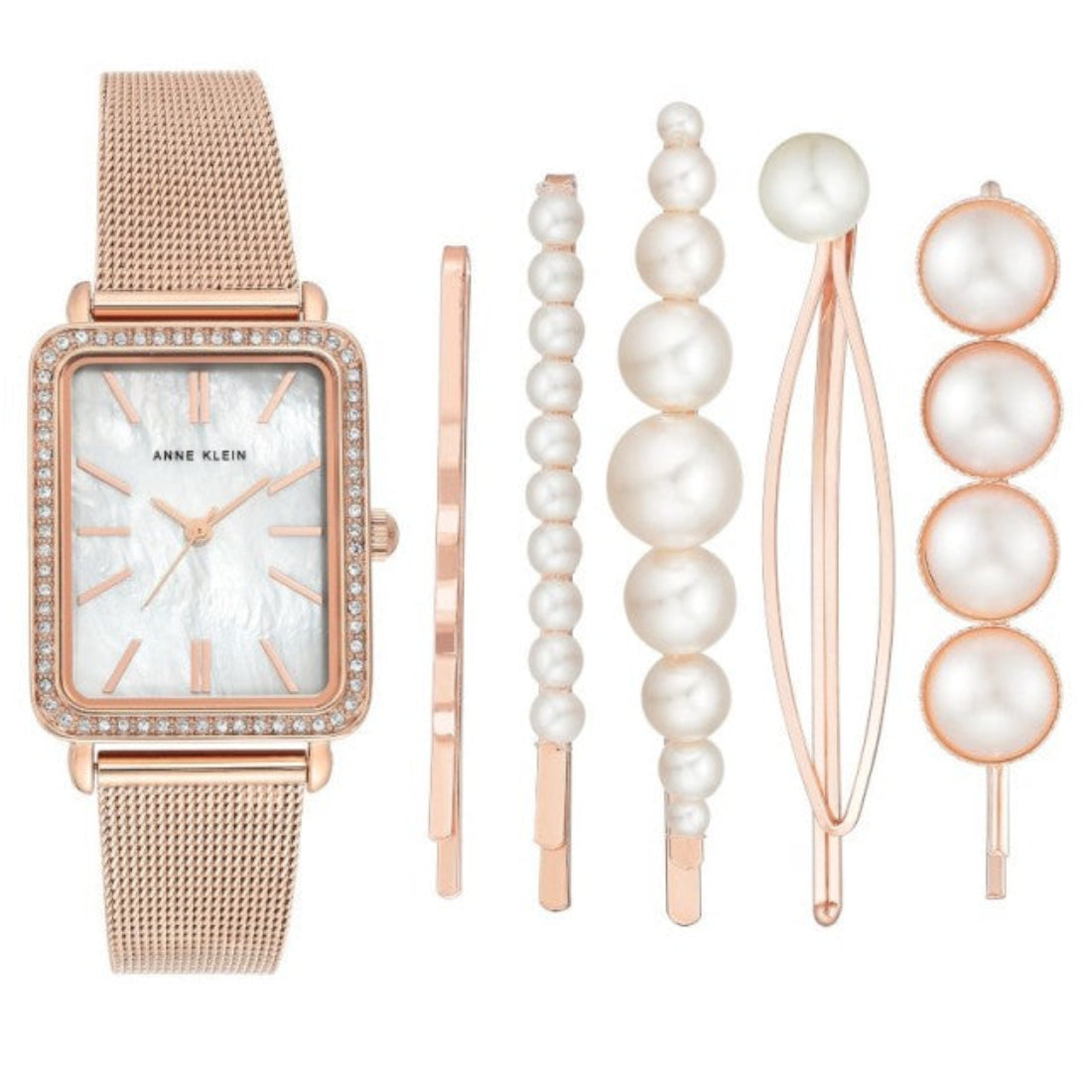 طقم آن كلاين النسائي بحركة كوارتز ولون مينا أبيض لؤلؤي مع مشابك شعر - AK-0177+HAIR PIN 4PCS