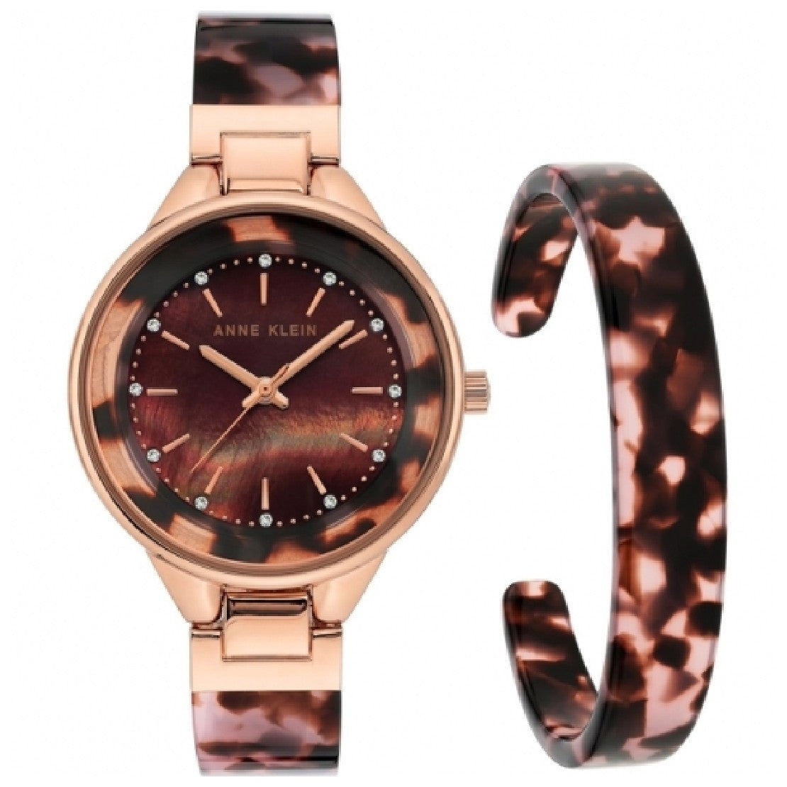طقم آن كلاين النسائي بحركة كوارتز ولون مينا بني مع إسوارة - AK-0192+BANGLE
