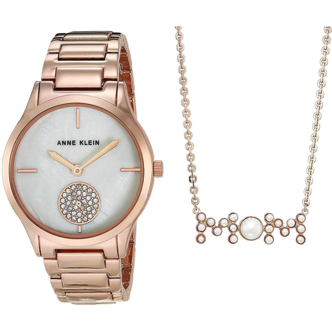 طقم آن كلاين النسائي بحركة كوارتز ولون مينا أبيض لؤلؤي مع سلسال - AK-0206+NECKLACE