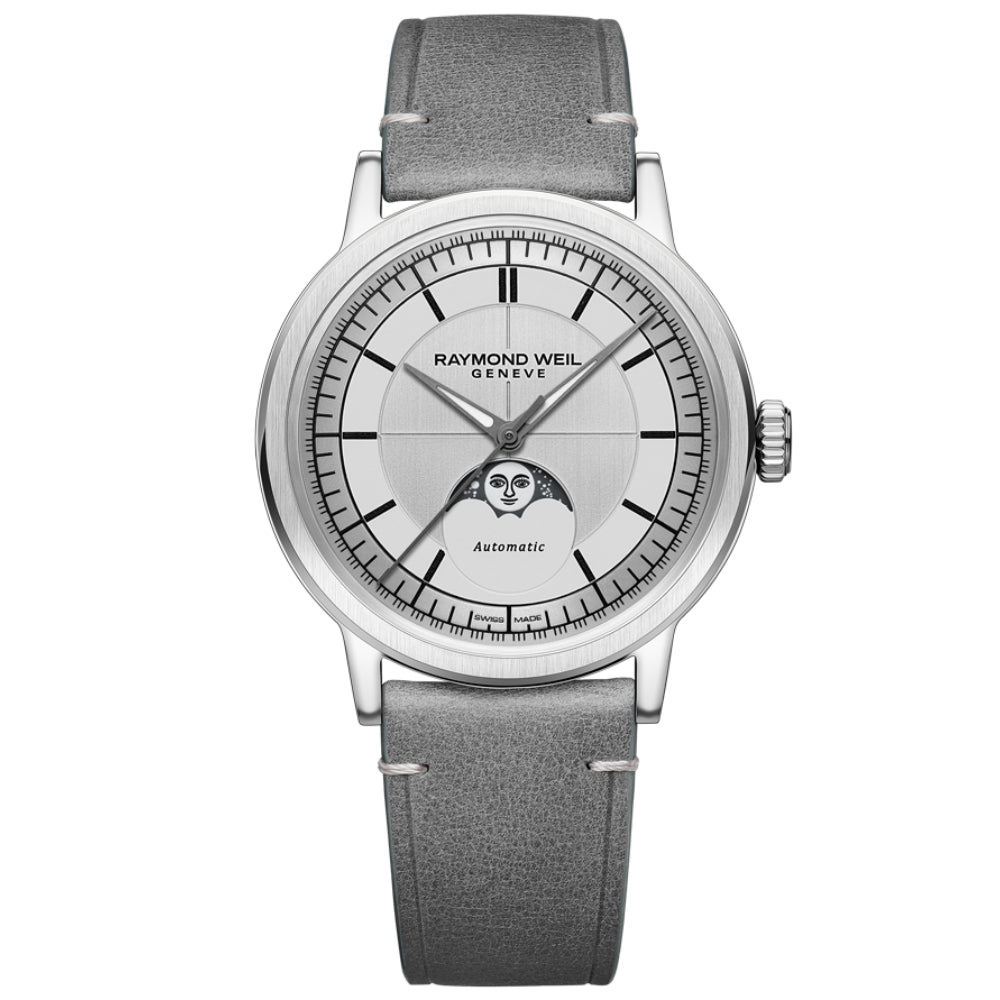 ريموند ويل ميليسيم ساعة أوتوماتيك بمرحلة القمر للرجال بقرص فضي RW-0352