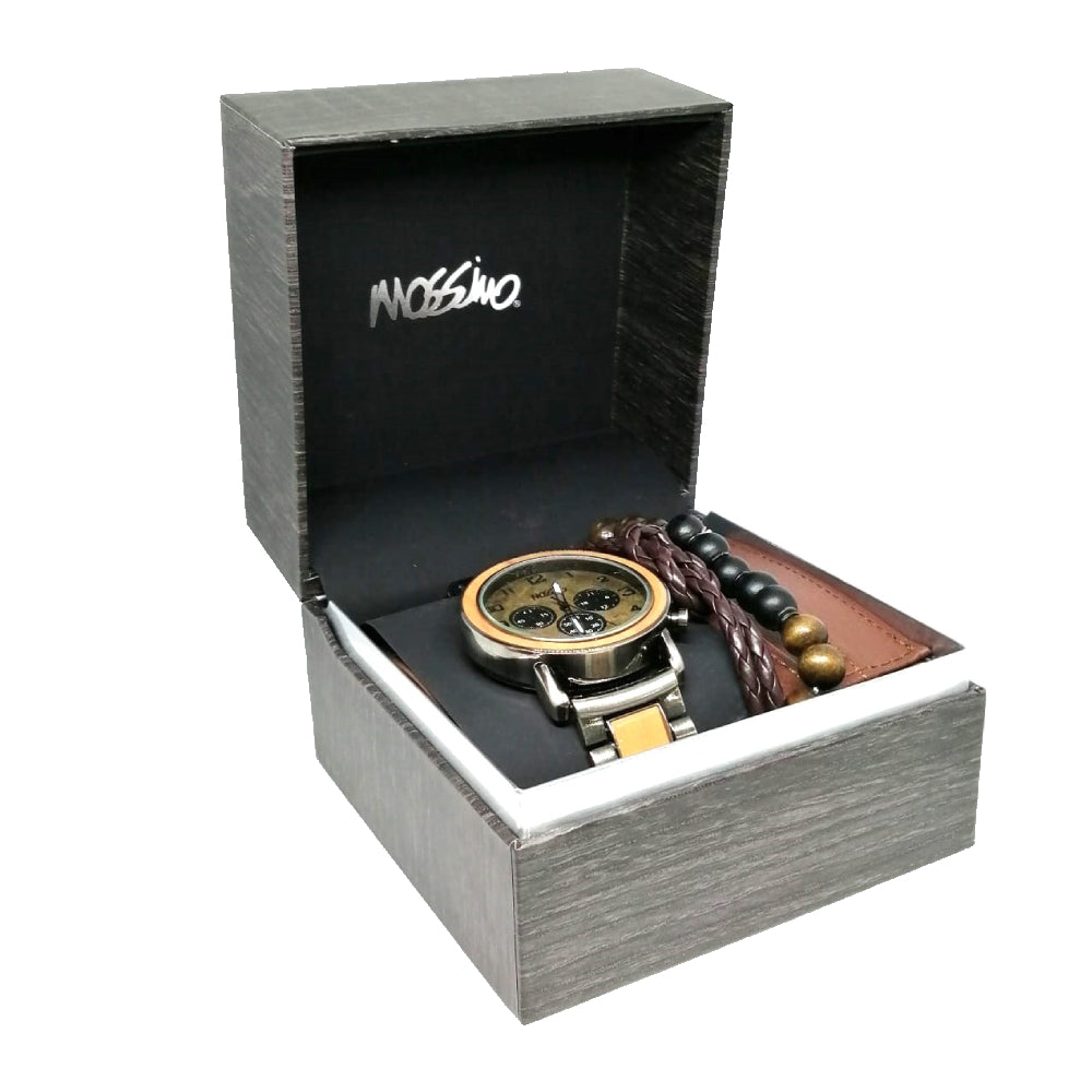 Mosimo Men's Brown Dial Quartz Movement Set with Leather Bracelets and Wallet - MOSS-0006(W+BR+CRD)