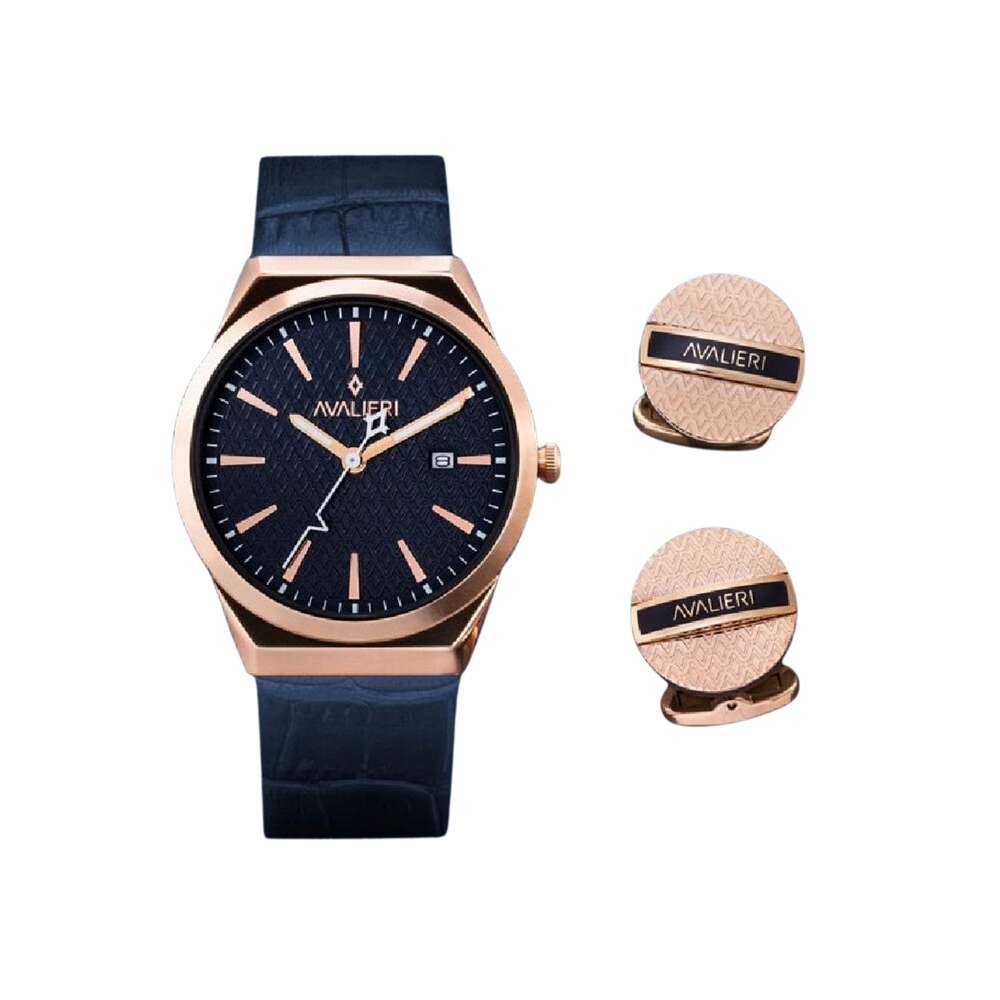 Avalieri Men's Blue Dial Quartz Watch with Cufflinks - AV-2433B+CUFL