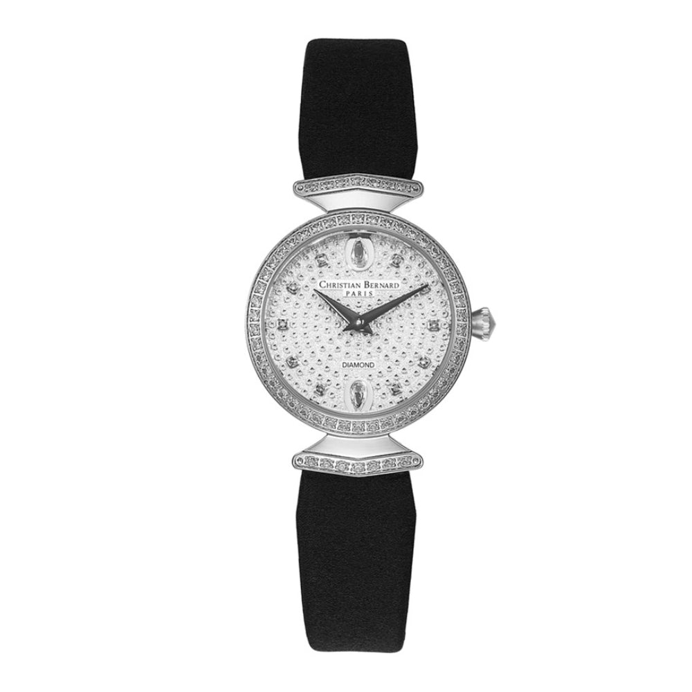 ساعة كريستيان برنارد النسائية بحركة كوارتز ولون مينا أبيض منقوش - CB-0058 (10/D0.05CT)+4L