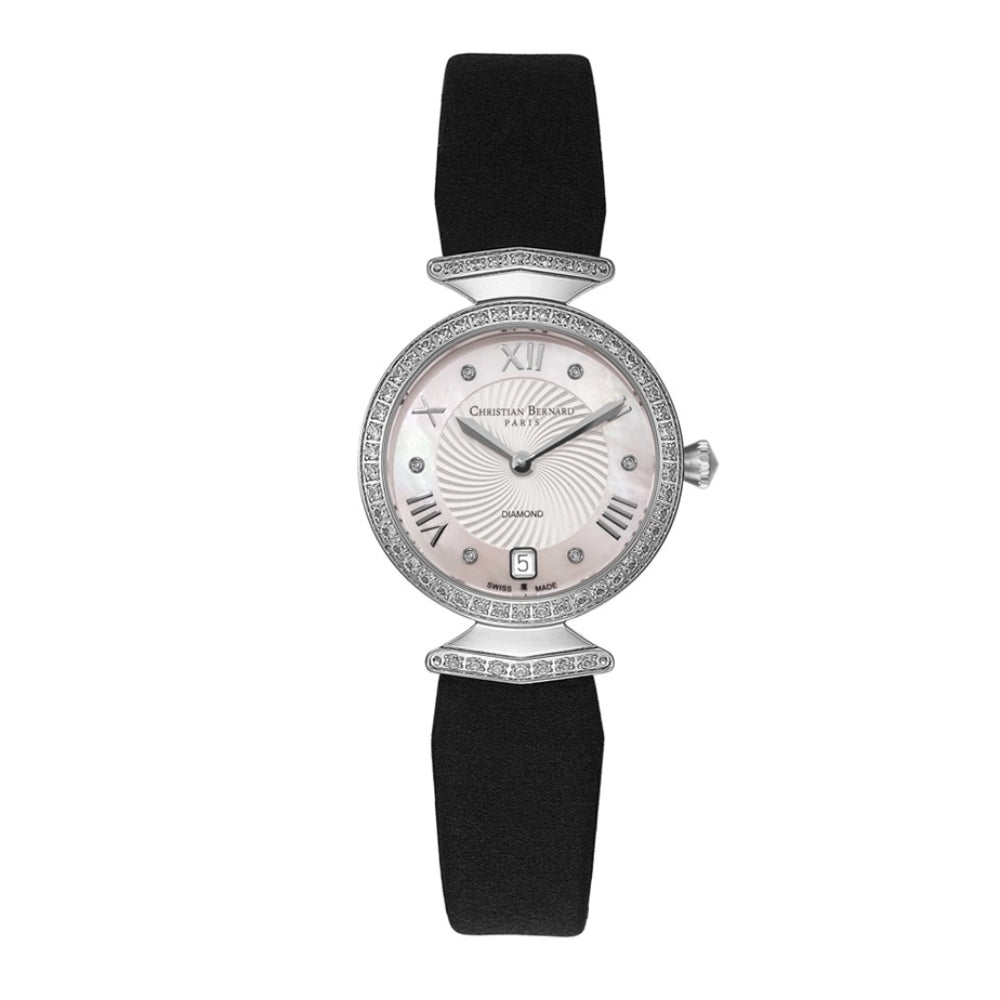 ساعة كريستيان برنارد النسائية بحركة كوارتز ولون مينا أبيض لؤلوي - CB-0068(6/D 0.03CT)+4L