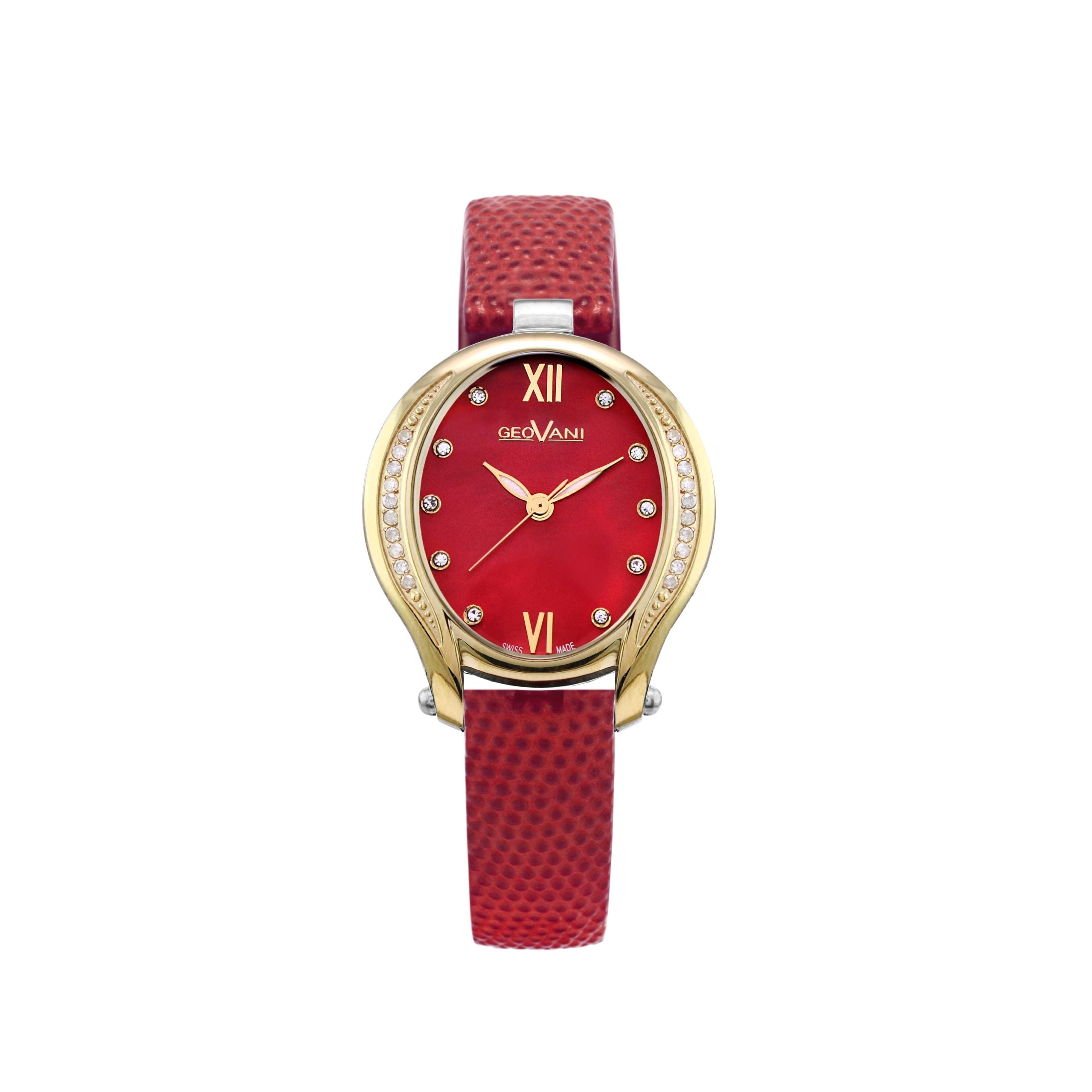 ساعة جيوفاني النسائية السويسرية بحركة كوارتز ولون مينا أحمر لؤلؤي - GEO-0020