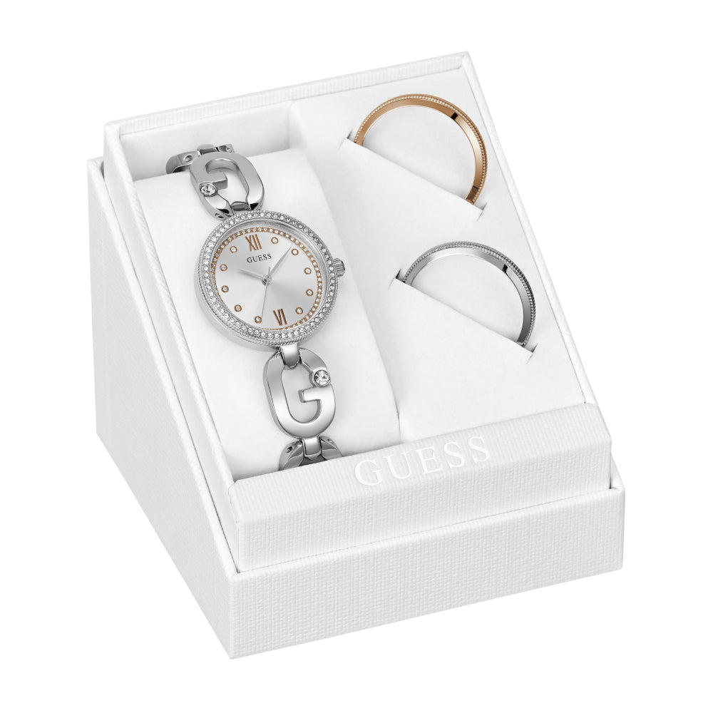 Guess Women's Quartz Watch, Silver Dial, Interchangeable Bezel - GWC-0300+RING 2Pcs
