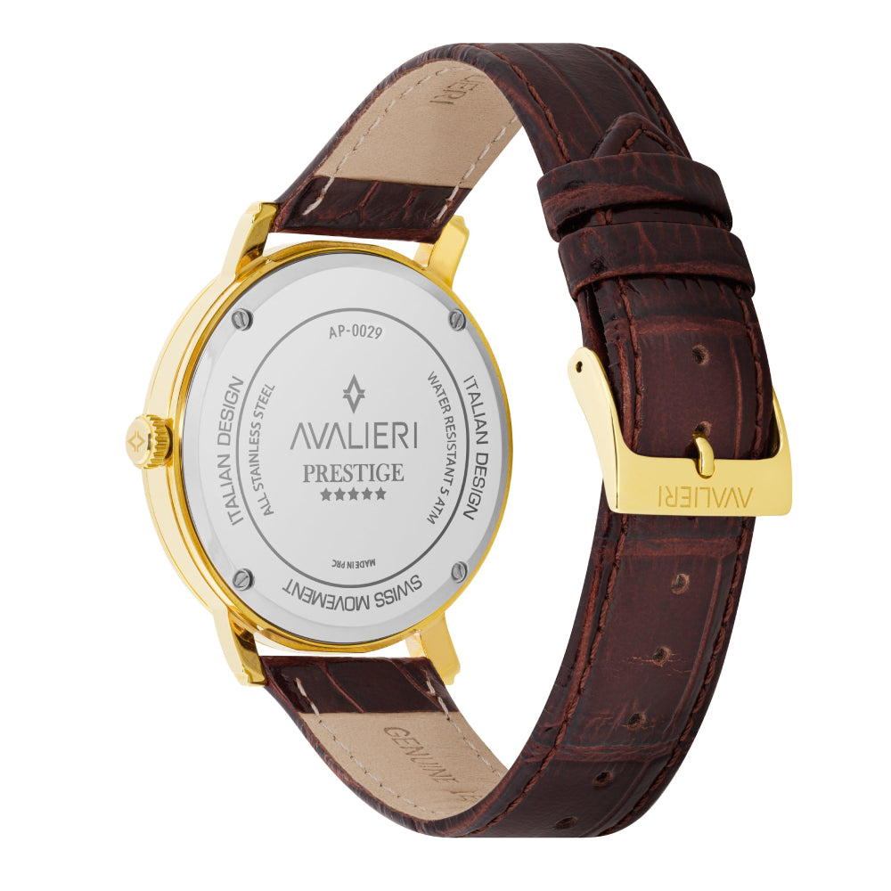 Avalieri Prestige Men's Watch, Swiss Quartz Movement, Gold Dial - AP-0029