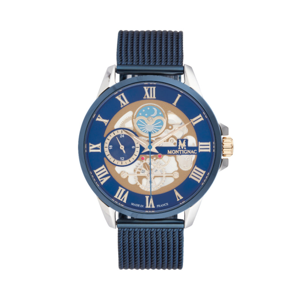 Montignac Men's Quartz Watch, Blue Dial (Exposed Case) - MNG-0015