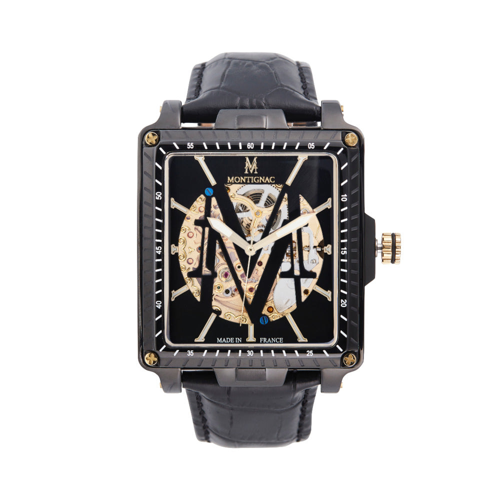 Montignac Men's Watch, Automatic Movement, Black Dial (Exposed Case) - MNG-0019