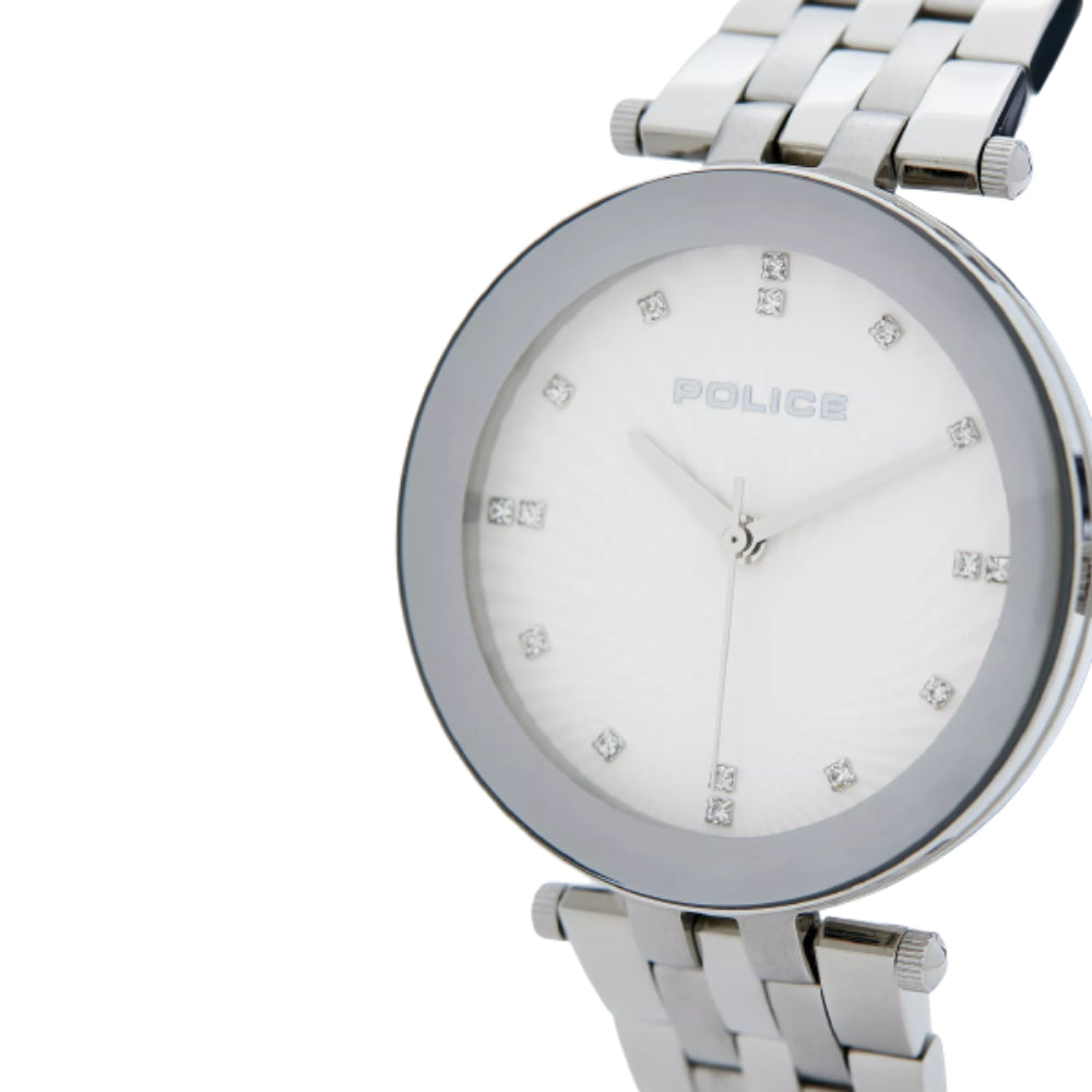 ساعة بوليس النسائية بلون مينا أبيض وسوار الفولاذ المقاوم للصدأ (ستانلس ستيل) - PL-0055