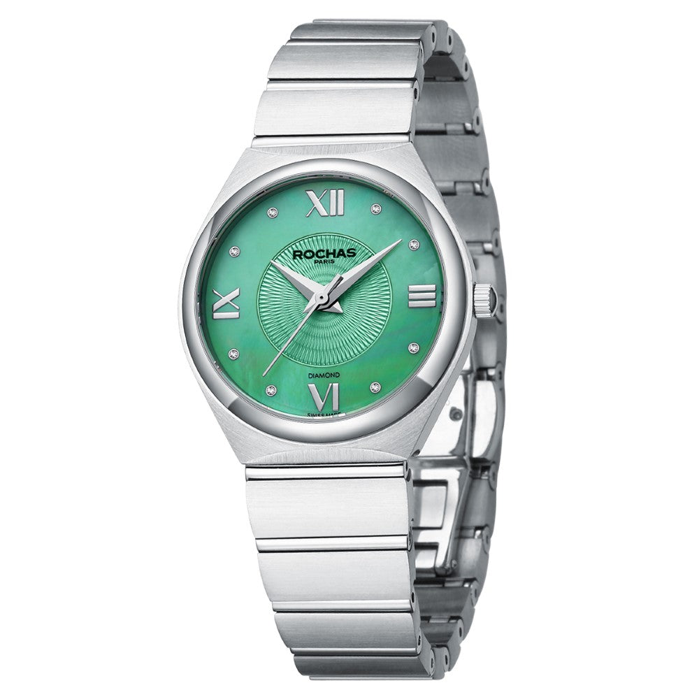 ساعة روشاس النسائية بحركة كوارتز ولون مينا أخضر لؤلؤي - RHC-0041(8/DMND)