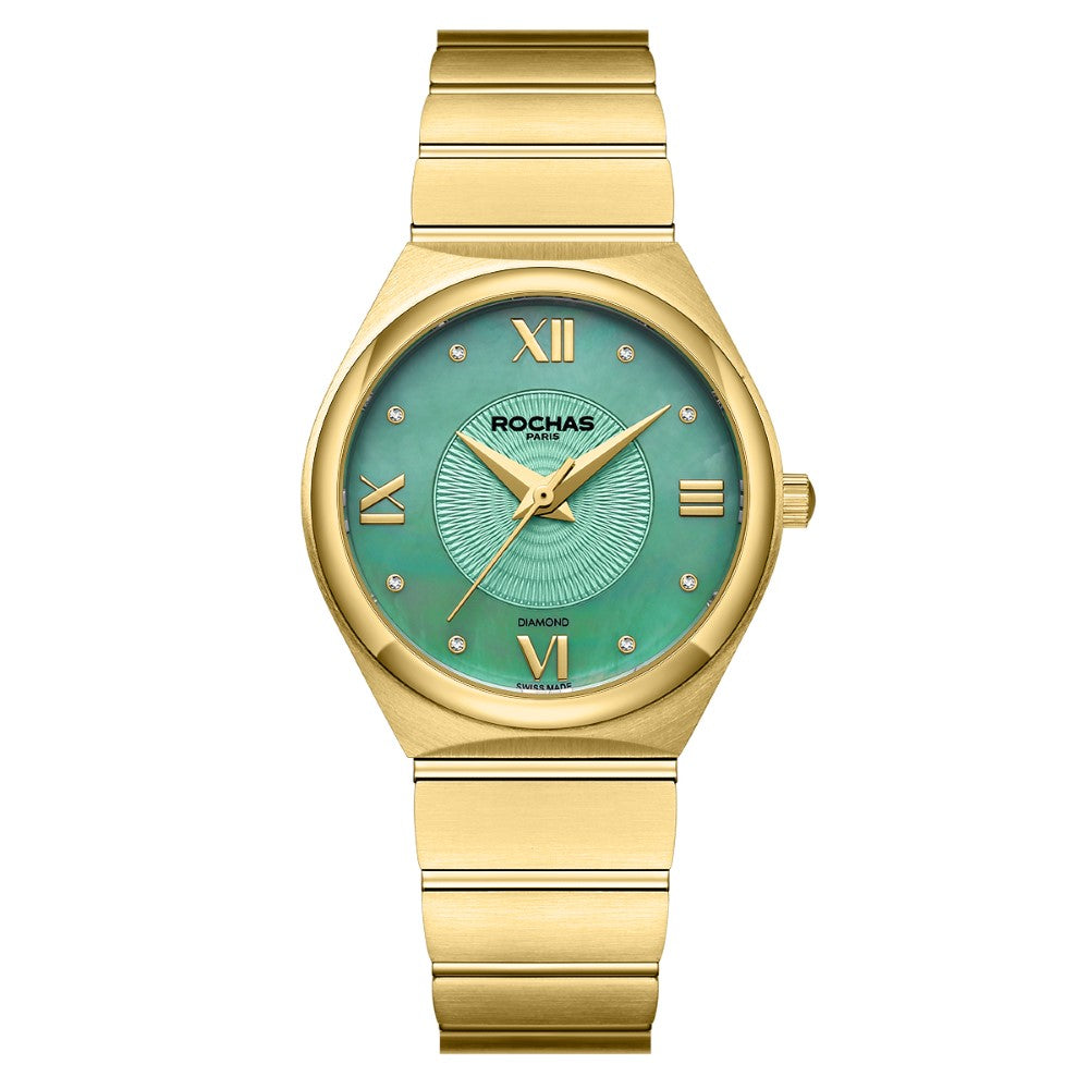 ساعة روشاس النسائية بحركة كوارتز ولون مينا أخضر لؤلؤي - RHC-0044(8/DMND)