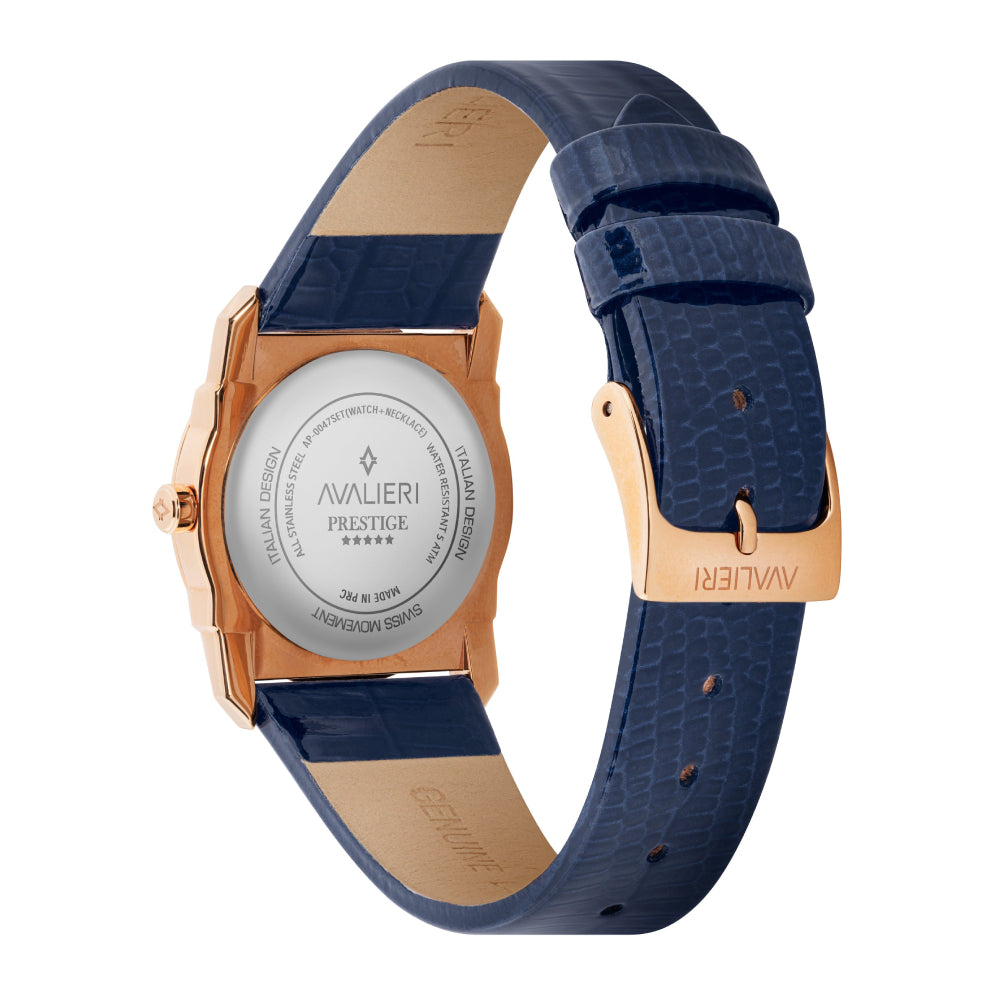 طقم أفاليري برستيج النسائي بحركة كوارتز السويسرية ولون مينا أزرق مع سلسال - AP-0047 SET (watch + Necklace)