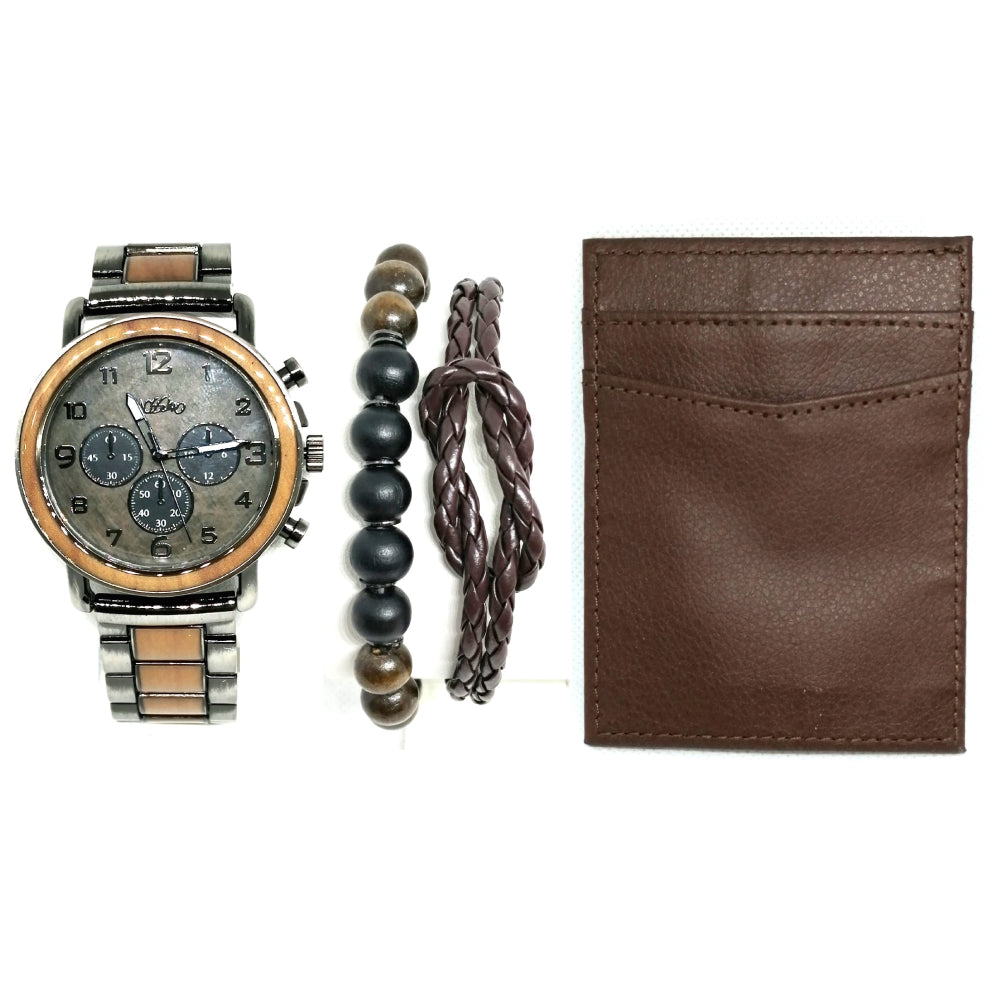 Mosimo Men's Brown Dial Quartz Movement Set with Leather Bracelets and Wallet - MOSS-0006(W+BR+CRD)