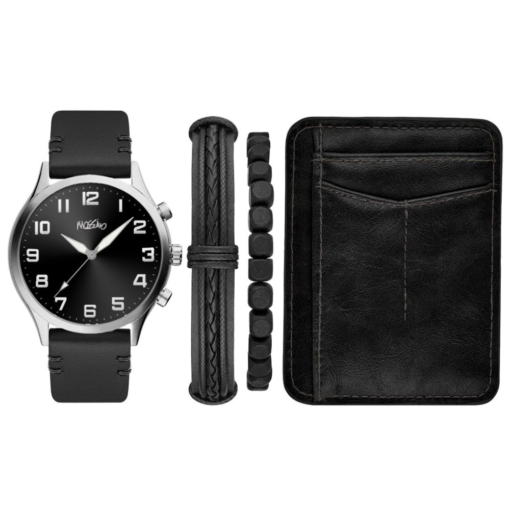 Mosimo Men's Black Dial Quartz Movement Set with Leather Bracelets and Wallet - MOSS-0003(W+BR+CRD)